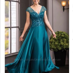Teal Chiffon Sequin Designer Gown With Matching Wrap